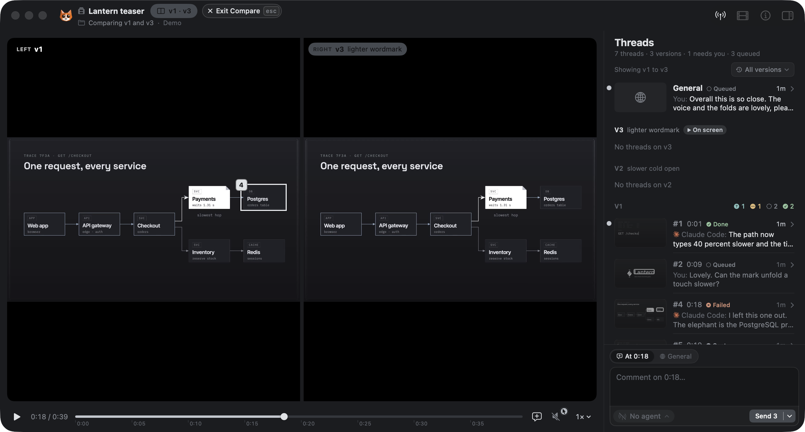 Compare: v1 and v3 side by side on one playhead