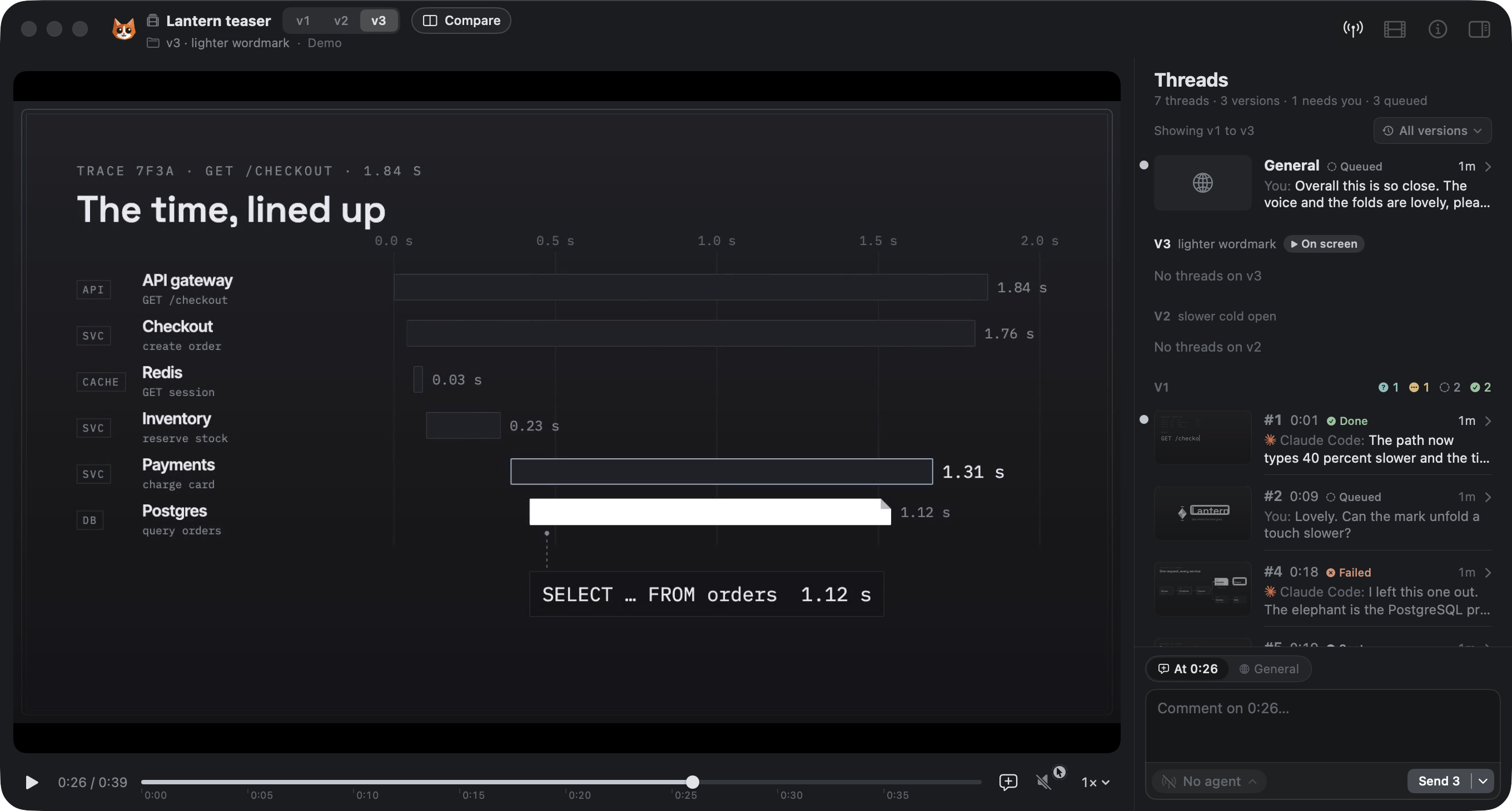 A project on v3: the version switcher in the header, and the thread list grouped by version