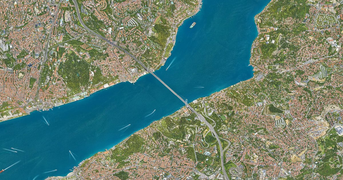 A part of the drawn map that shows the Bosphorus, one of its bridges and ships on the water.