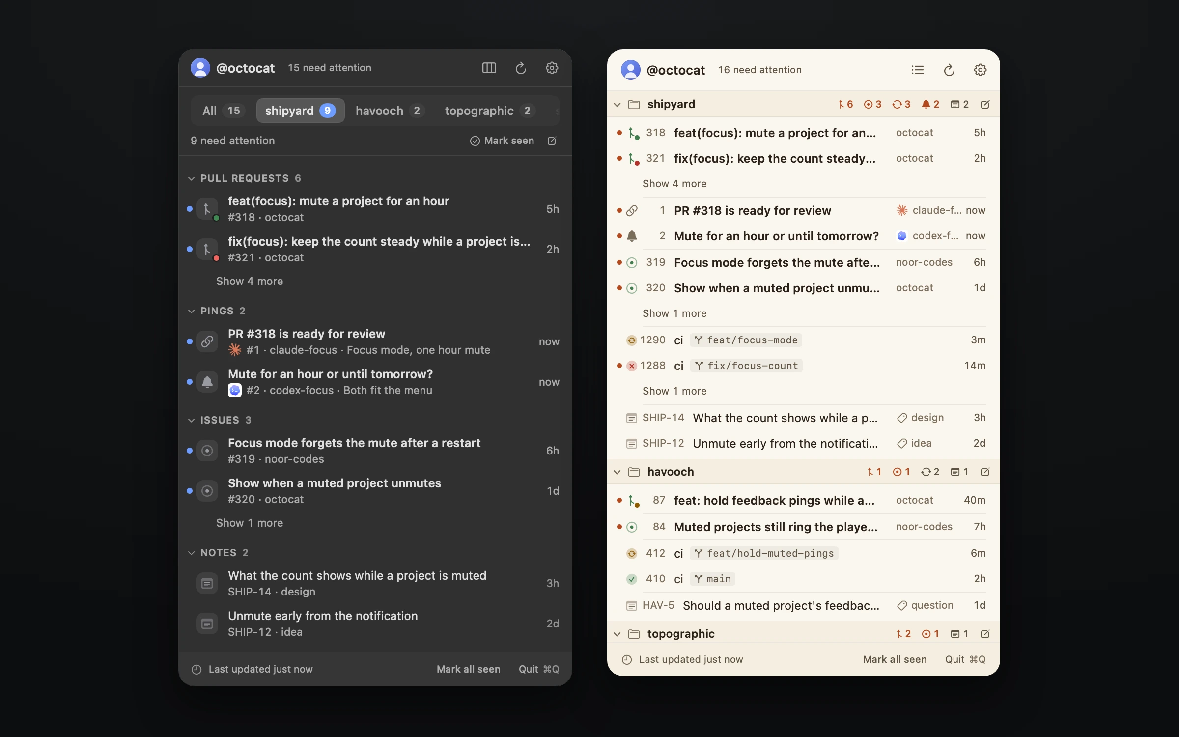 The shipyard panel twice, side by side: in dark mode in the tabs layout on the shipyard tab, and in the light Paper theme in the list layout, both showing pull requests, pings from agents, issues, runs and notes