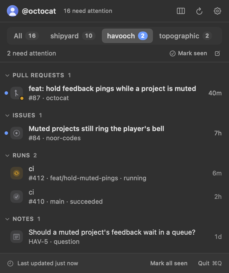 The tabs layout on the havooch tab: one pull request, one issue, a running and a finished workflow run, and one note