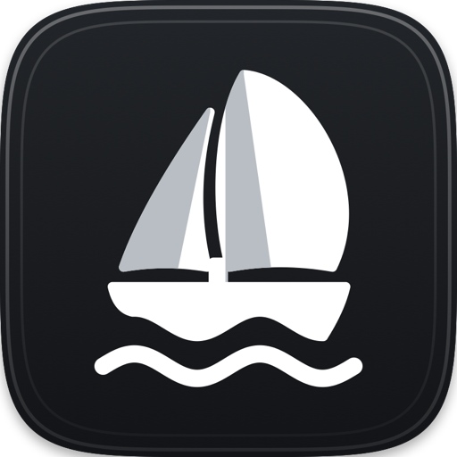 shipyard's logo: a white sailboat with folded sails on two waves, on a dark graphite tile