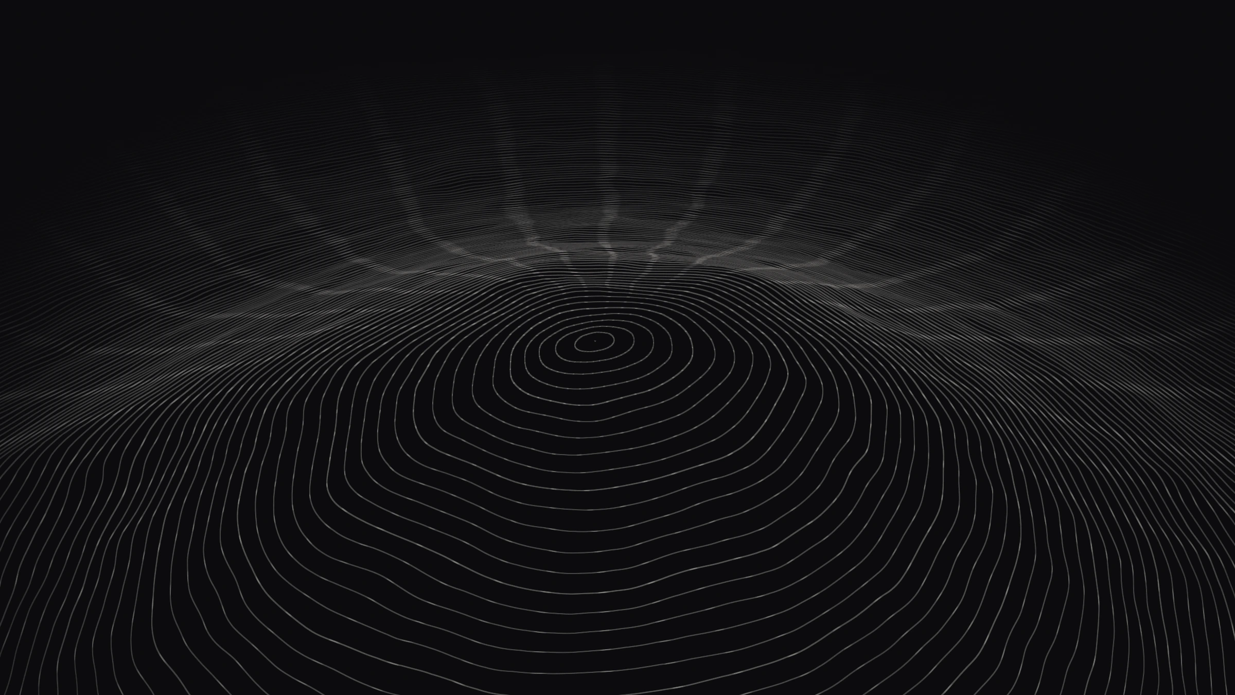 Fine granite in 3D: a summit ringed by pale contour lines, gullies fanning out to a dark horizon