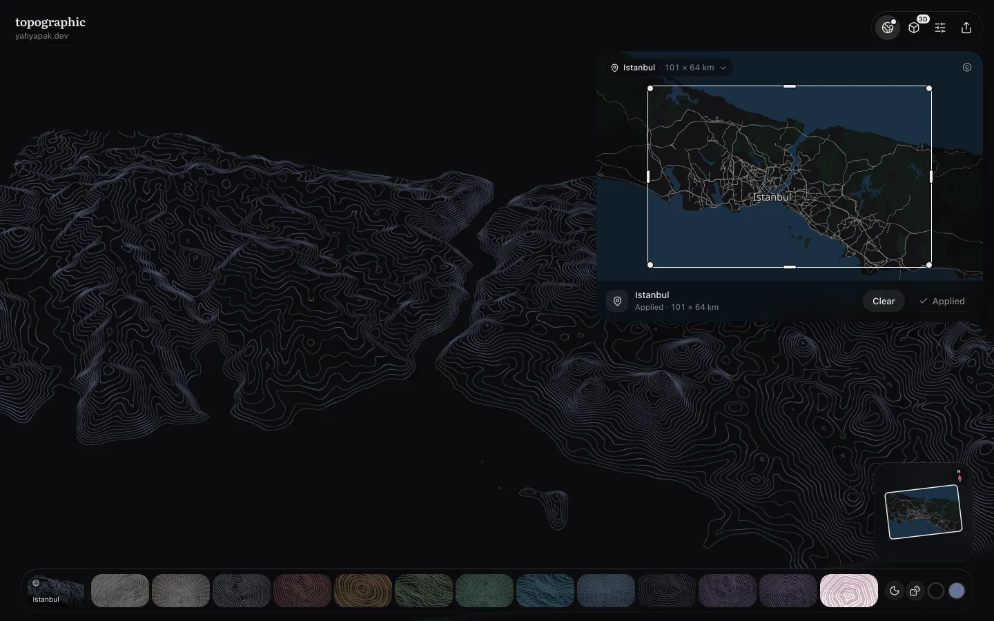 The Map popover over Istanbul: a dark map with a white frame around the city, the place menu above, and Clear and Applied below