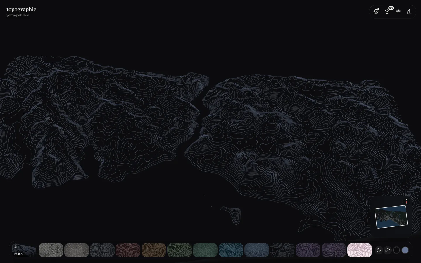 The playground in dark mode: Istanbul in 3D behind the page, the dock of looks along the bottom, the controls at the top right and a minimap of the place in the corner